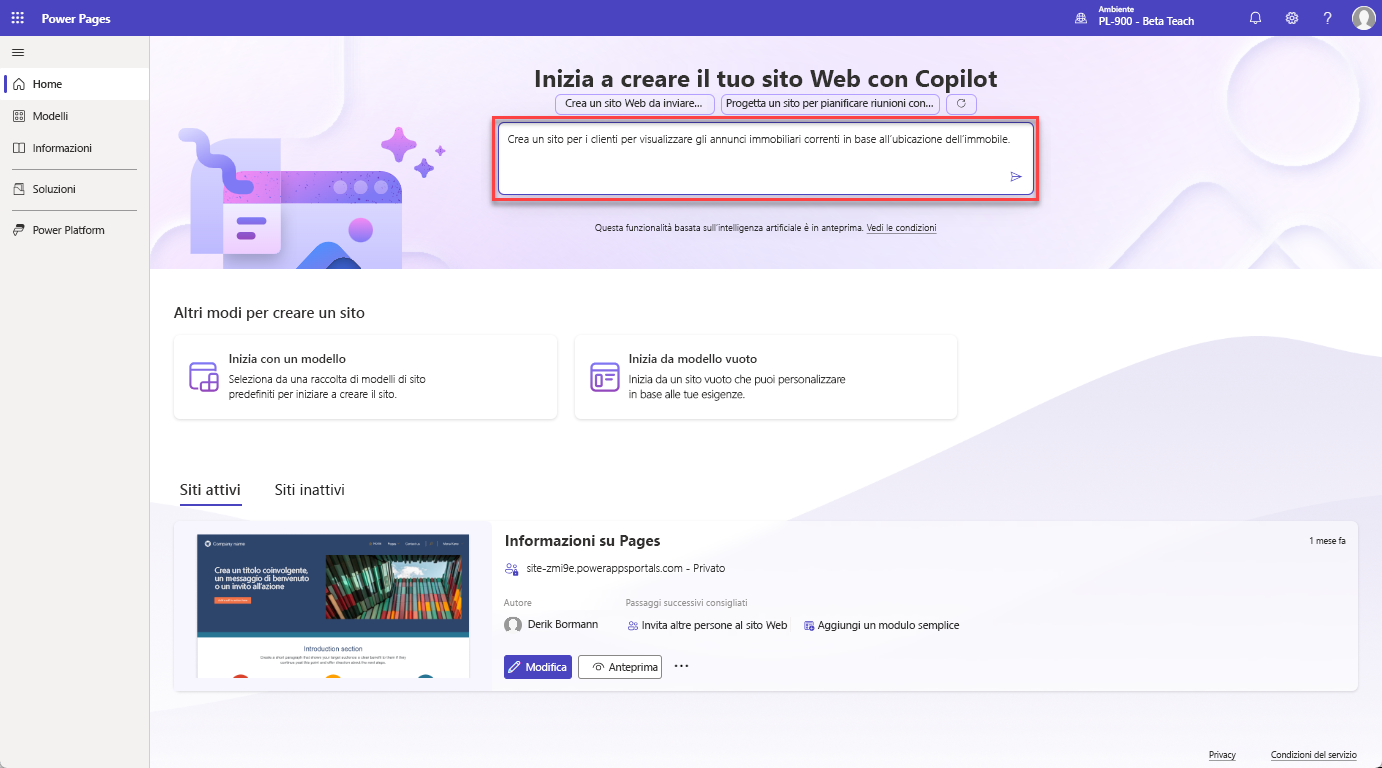 Screenshot che mostra come far sì che Copilot crei un sito Power Pages fornendo una descrizione del sito che si vuole creare.