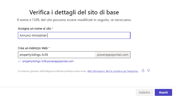 Screenshot che mostra il nome del sito generato e l'URL fornito da Copilot durante il processo di progettazione.