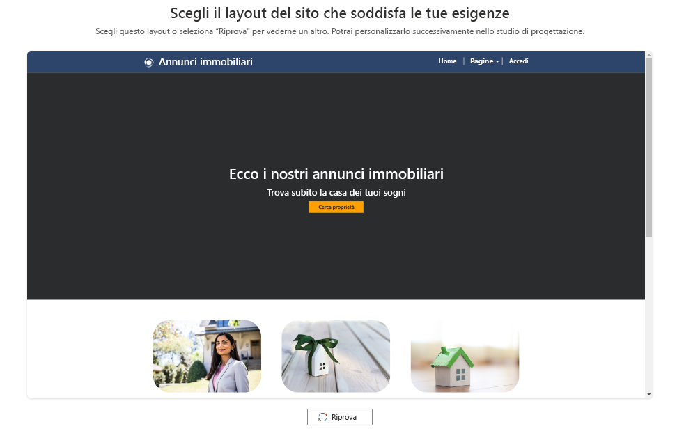 Screenshot che mostra come modificare il layout del sito usando Copilot durante il processo di progettazione.