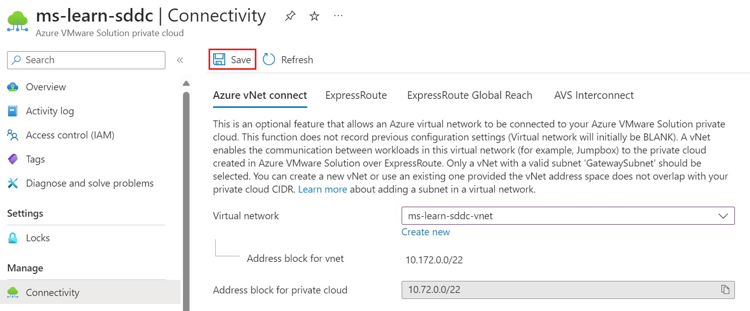 Screenshot che mostra dove selezionare la rete virtuale dall'interno della connessione alla rete virtuale di Azure e come salvare la configurazione.