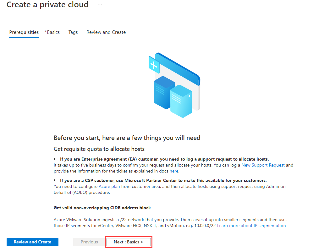 Screenshot che mostra il riquadro dei prerequisiti prima di creare l'ambiente cloud privato della soluzione Azure VMware in Azure.