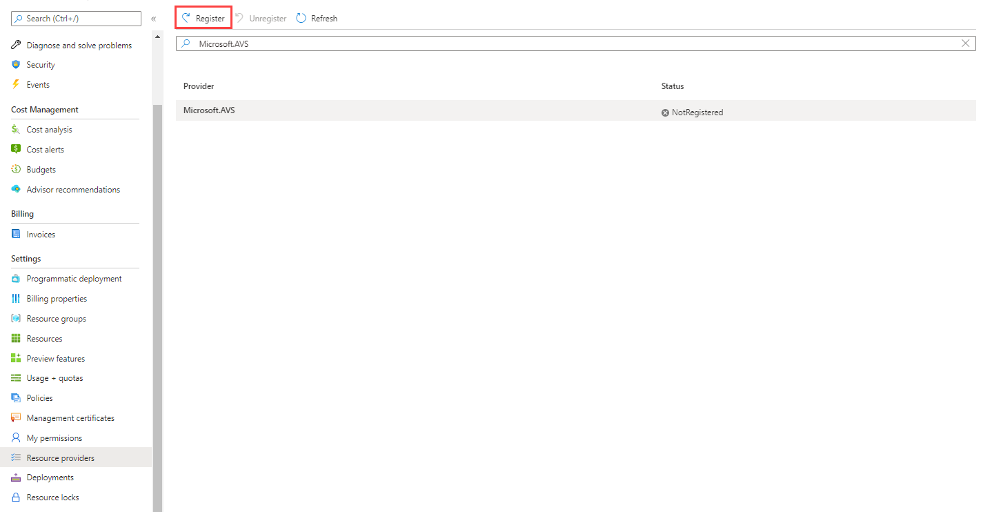 Screenshot che mostra il pulsante Registra nella parte superiore della pagina Sottoscrizione > Provider di risorse nel portale di Azure.