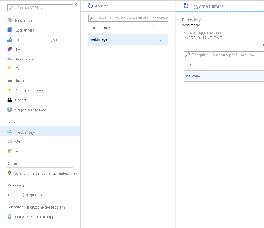 Screenshot che mostra i repository e le immagini caricate nel Registro Azure Container.