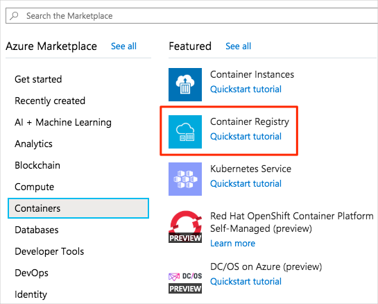 Screenshot che mostra il riquadro Nuovo nel portale di Azure con le opzioni per i contenitori disponibili in Azure Marketplace.