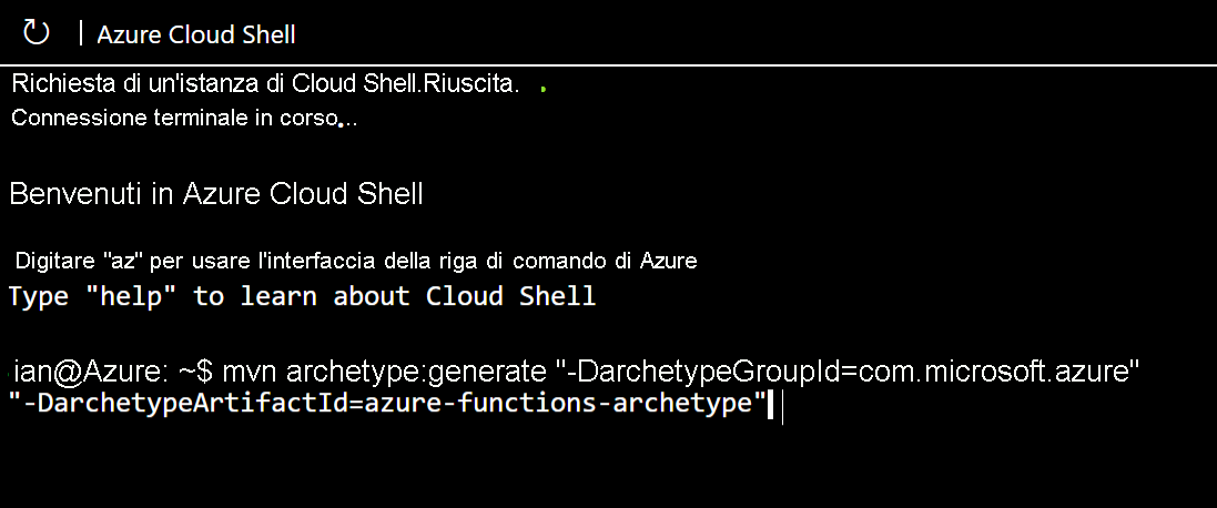 Image showing the Maven command to create an Azure Function archetype.