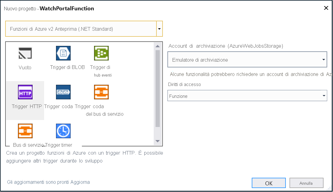 Screenshot che mostra i trigger disponibili per una funzione di Azure, con il trigger HTTP evidenziato.