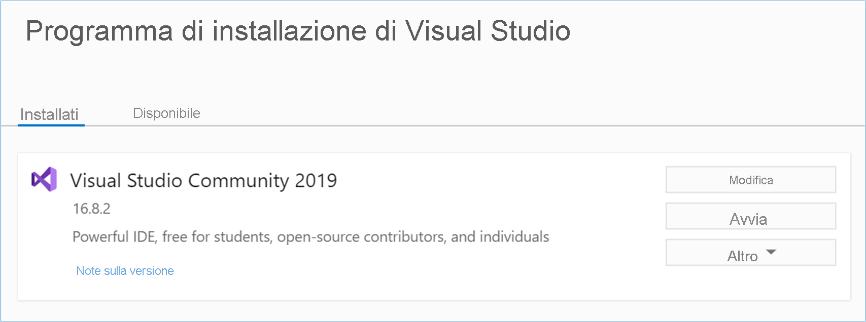 Screenshot del Programma di installazione di Visual Studio con il pulsante Modifica evidenziato.