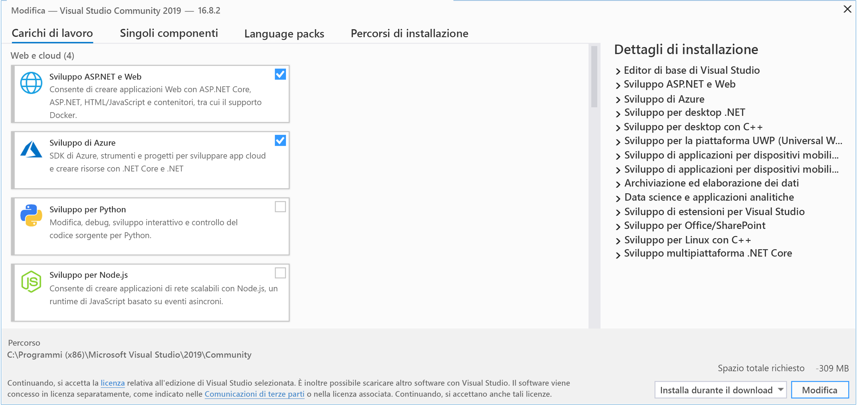 Screenshot della scheda dei carichi di lavoro di modifica di Visual Studio Community 2022 con i comandi ASP.NET, Sviluppo Web e Sviluppo di Azure evidenziati.