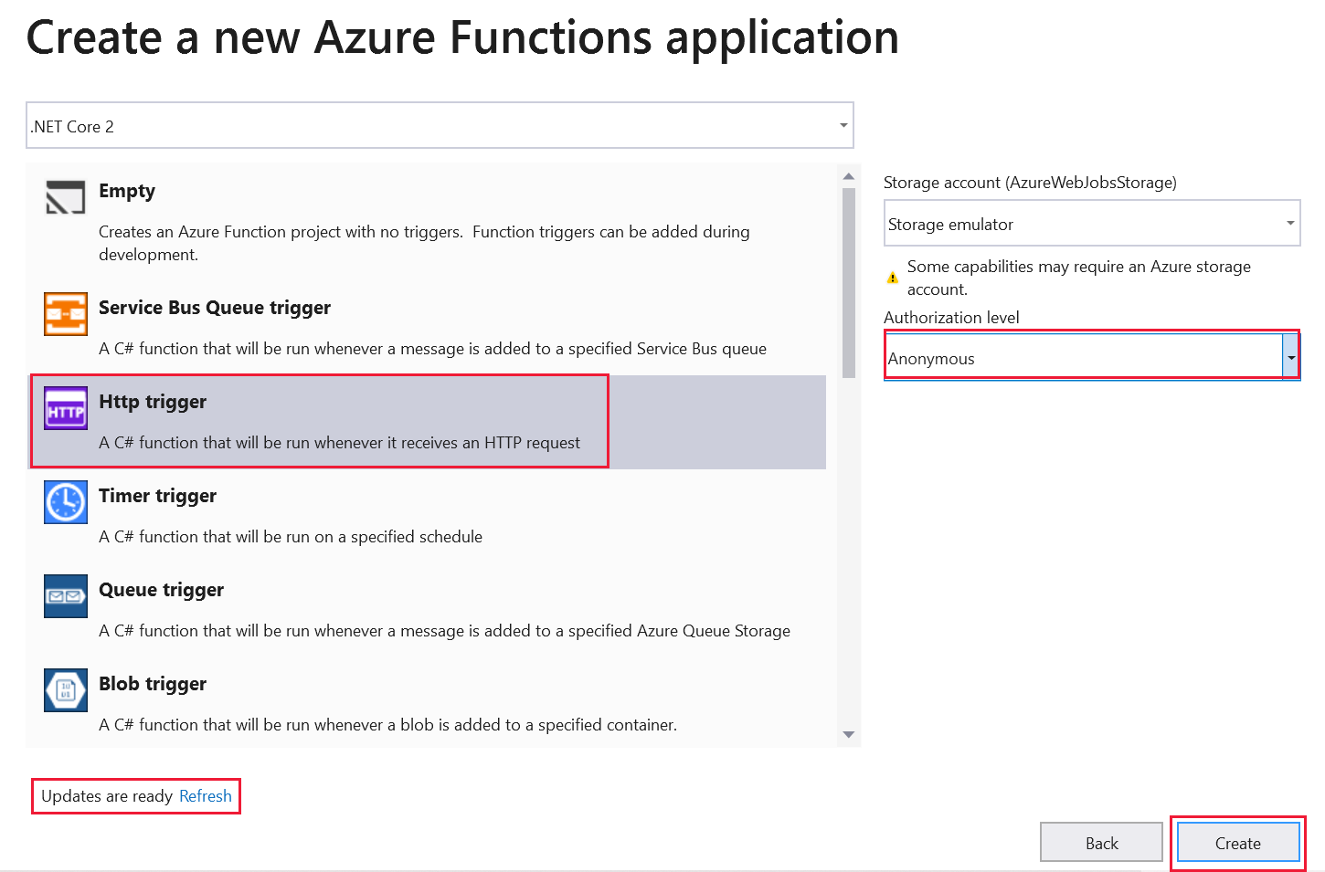 Screenshot che mostra i trigger di Funzioni di Azure con l'opzione Trigger HTTP evidenziata.