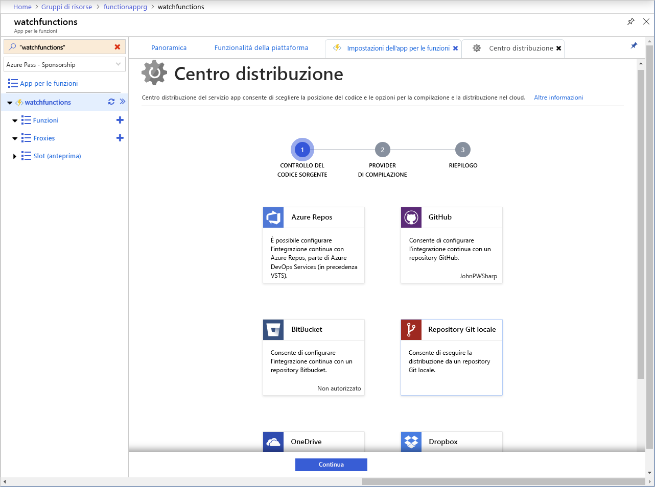 Screenshot della pagina Centro distribuzione in un'app per le funzioni di Azure.