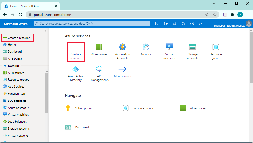 Screenshot del menu del portale di Azure e dell'opzione Crea una risorsa.