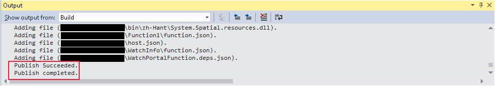 Screenshot della finestra Output in Visual Studio. I messaggi di output specificano che le funzioni sono state pubblicate.