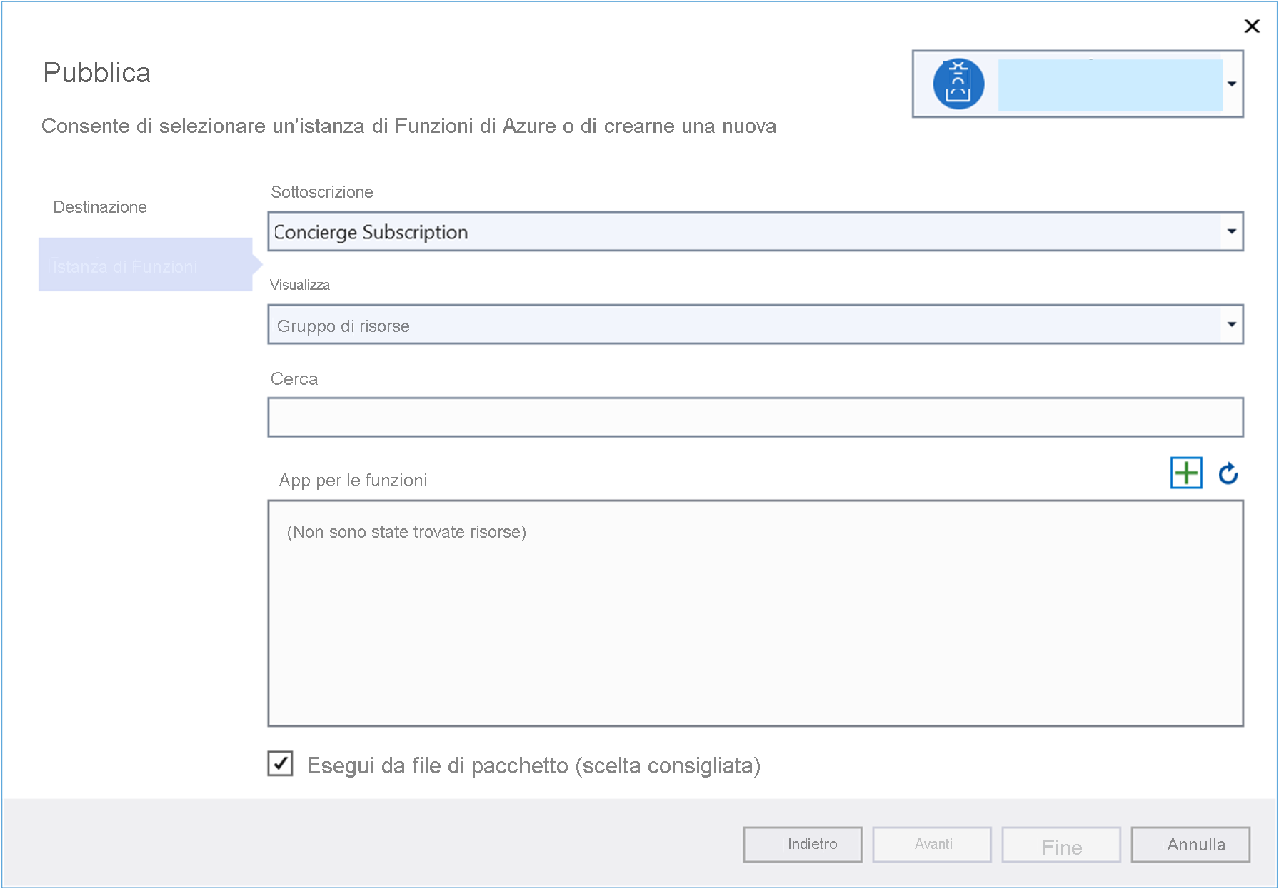 Screenshot della finestra di pubblicazione dell'istanza di funzioni. L'utente seleziona App per le funzioni.