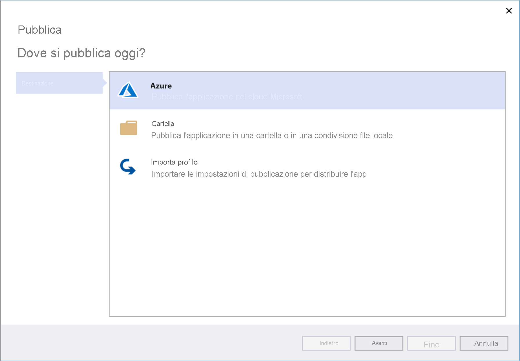 Screenshot della voce Destinazione nella finestra Pubblica con l'opzione Azure evidenziata.