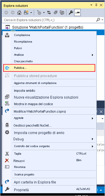 Screenshot di Visual Studio che mostra l'opzione Pubblica per il progetto WatchPortalFunctions.