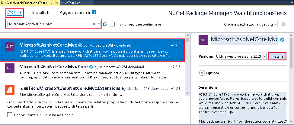 Screenshot della finestra Gestione pacchetti NuGet. L'utente installa il pacchetto Microsoft.AspNetCore.Mvc.