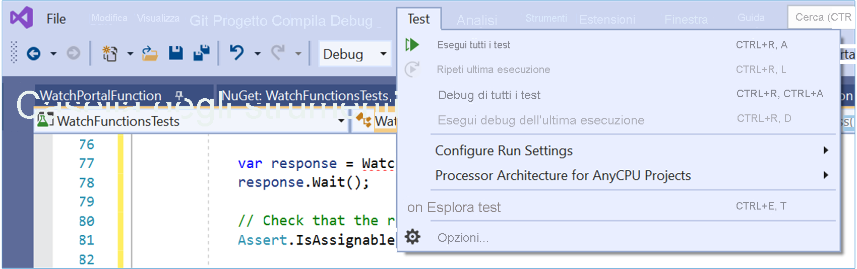 Screenshot del menu Test in Visual Studio. L'utente ha selezionato Esegui -> Tutti i test.