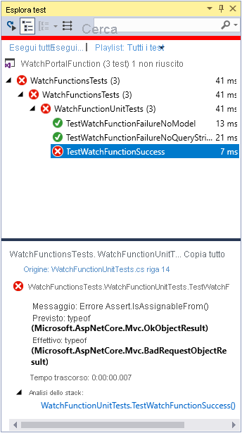 Screenshot della finestra Esplora test. Il test TestWatchFunctionSuccess non è riuscito.