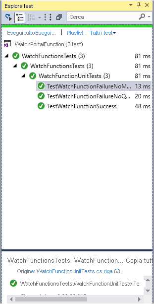 Screenshot della finestra Esplora test. Tutti e tre i test sono stati eseguiti correttamente.