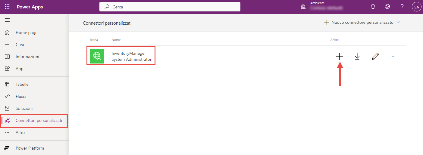 Screenshot della pagina Connettore personalizzato in Power Apps.