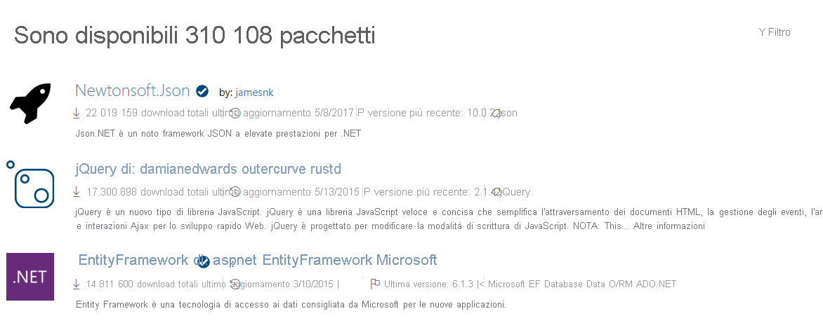 Screenshot di NuGet.org che mostra un elenco dei pacchetti più diffusi.