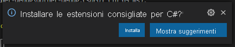 Screenshot della richiesta di Visual Studio Code relativa alle estensioni consigliate.