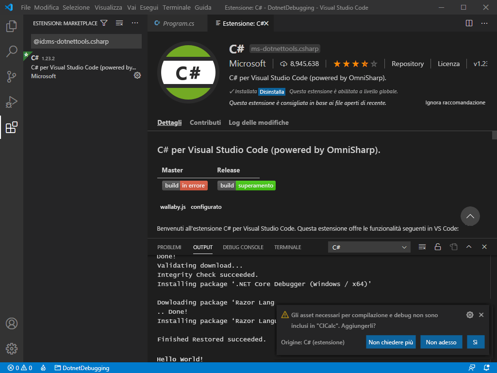 Screenshot della richiesta di Visual Studio Code relativa agli asset necessari.