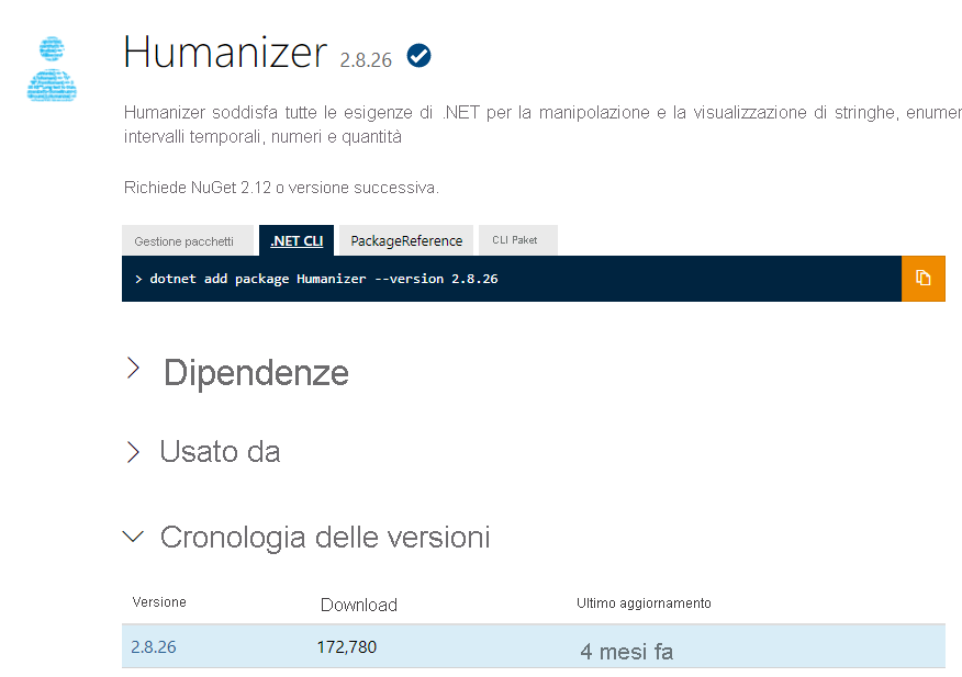 Screenshot della pagina di destinazione per un pacchetto NuGet.