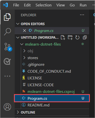 Screenshot della finestra Esplora risorse con evidenziato il file program.cs.