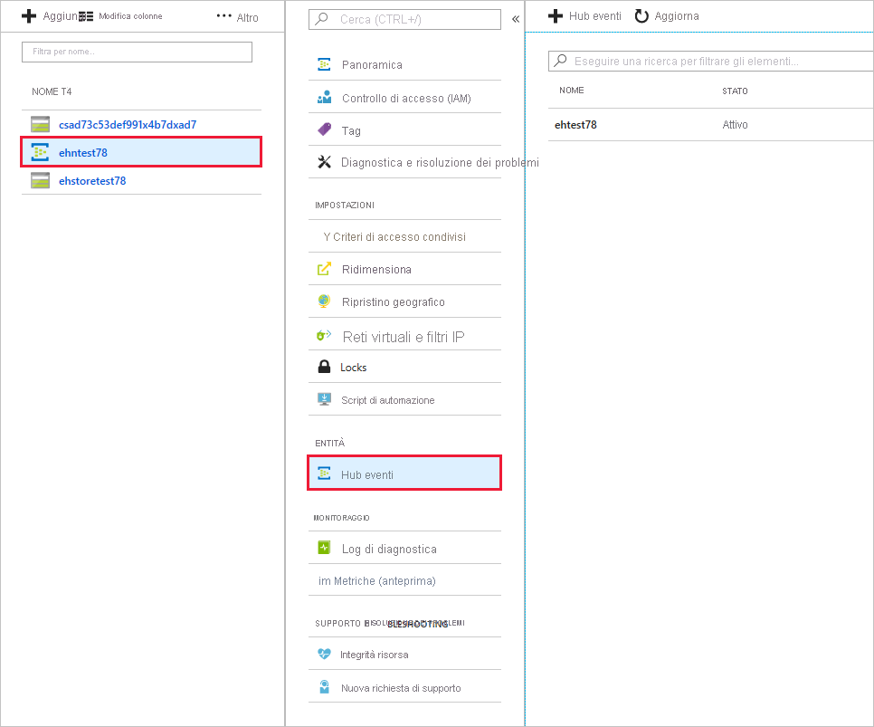 Hub eventi visualizzato nel portale di Azure.
