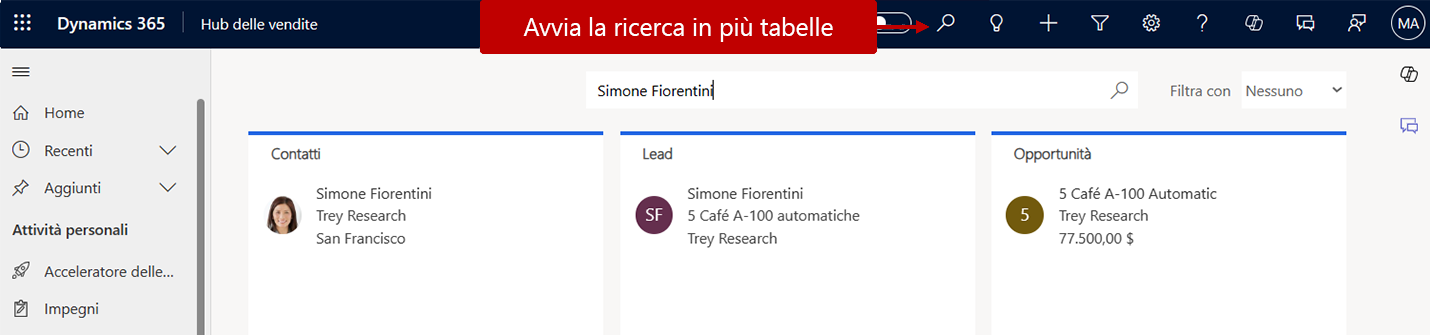 Screenshot che mostra l'uso della funzionalità Ricerca in più tabelle.