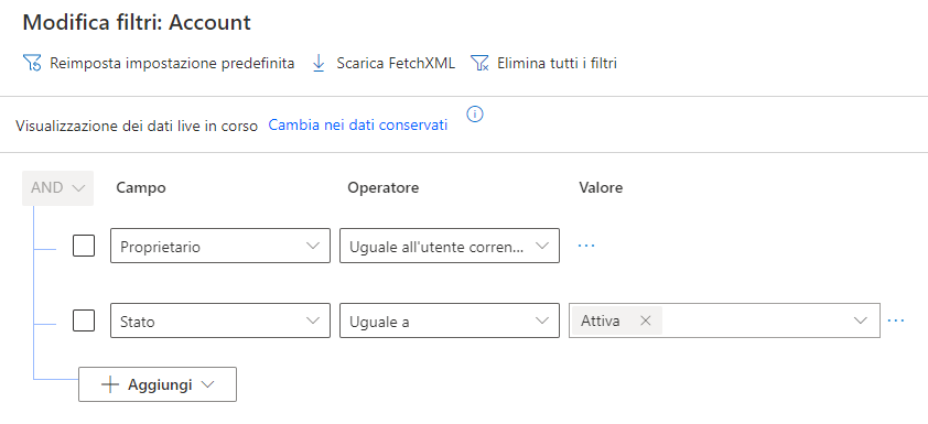 Screenshot del filtro di ricerca avanzata che mostra gli account attivi.