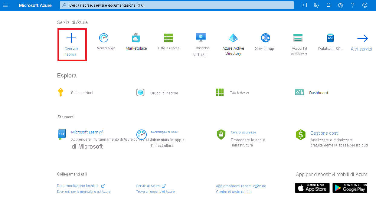 Screenshot del menu del portale di Azure e dell'opzione Crea una risorsa.