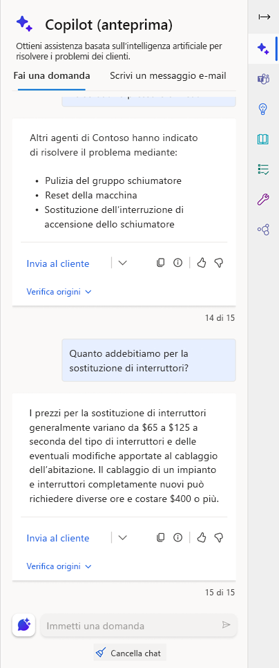 Screenshot della scheda Fai una domanda in Copilot.