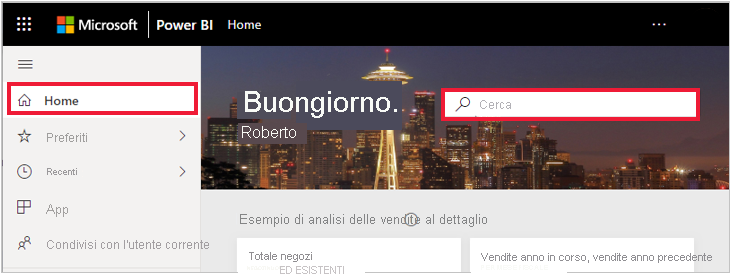 Screenshot della ricerca globale di Power BI.