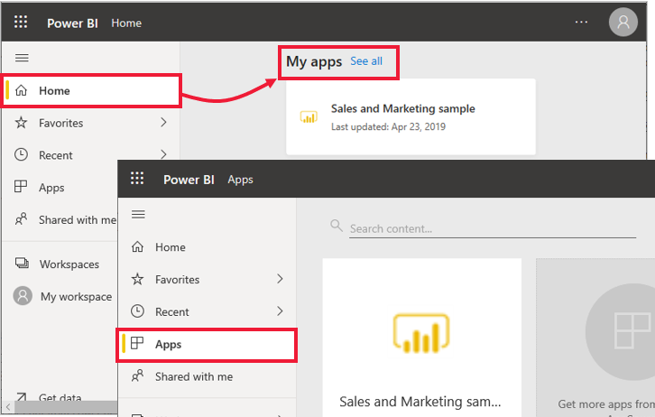 Screenshot dell'icona di Power BI Apps nella barra di spostamento.