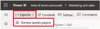 Screenshot del menu File di Power BI espanso e Stampa questa pagina evidenziata.