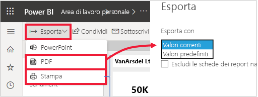 Screenshot del menu Di esportazione di Power BI espanso e l'opzione PDF evidenziata.