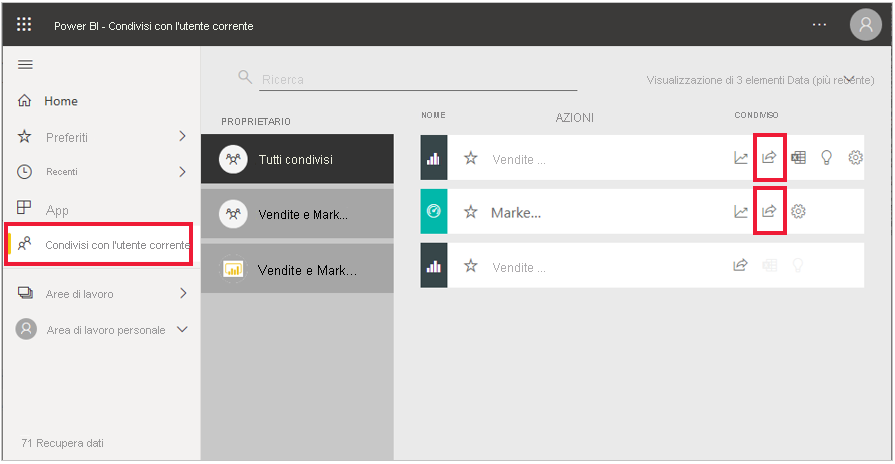 Screenshot dell'icona Condividi accanto al report.