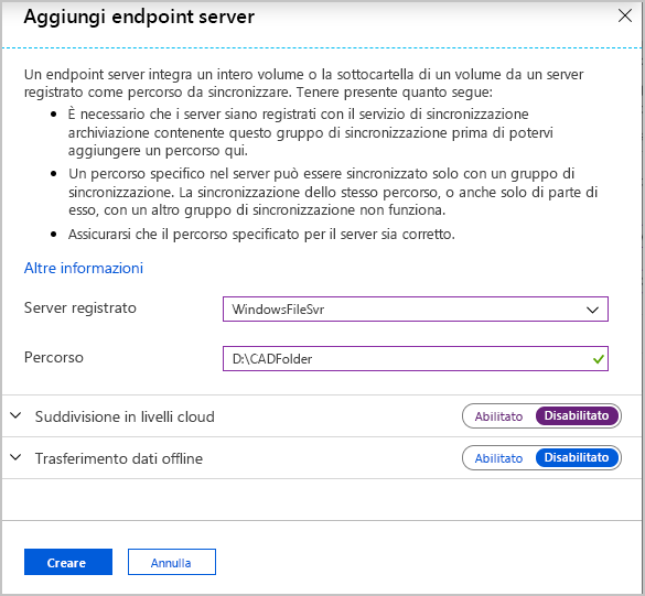 Screenshot della finestra Aggiungi endpoint server.