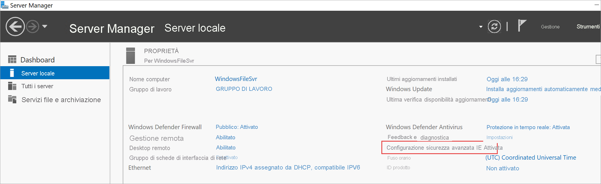 Screenshot che mostra il pulsante di attivazione per Configurazione sicurezza avanzata IE.