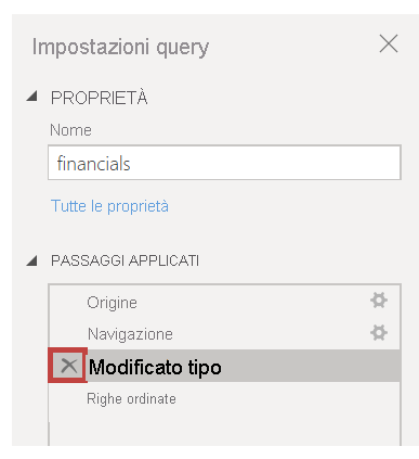 Screenshot di come rimuovere i passaggi dalla sezione Passaggi applicati.