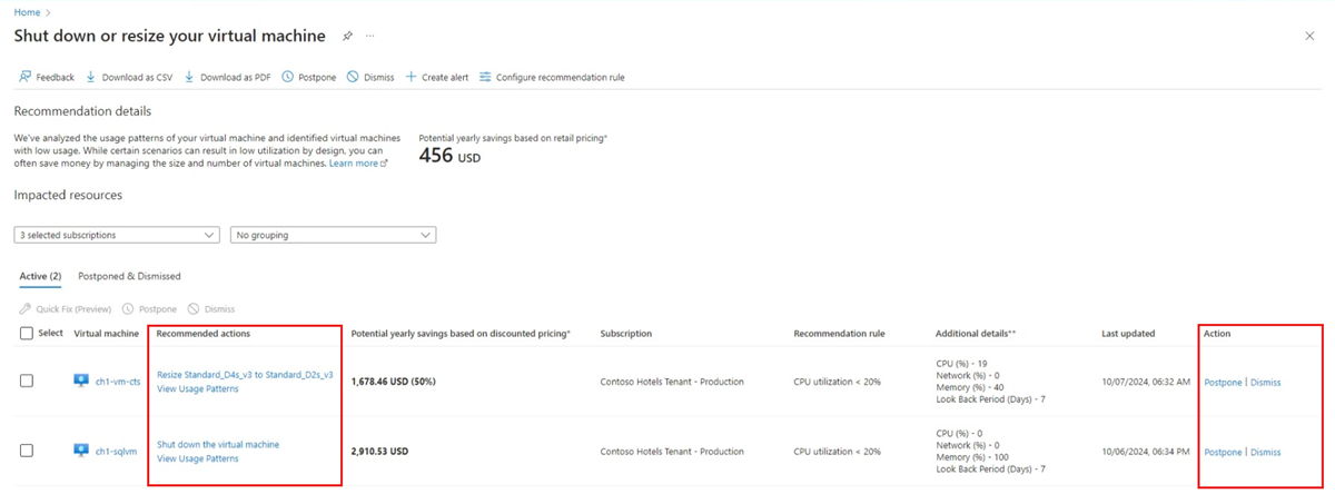 Screenshot che mostra un'azione consigliata in Azure Advisor.