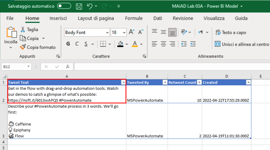 Screenshot dello stesso Tweet in un foglio di calcolo Excel.