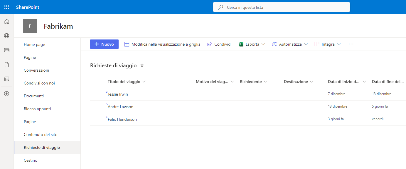 Screenshot di un elenco di richieste di ferie in SharePoint.