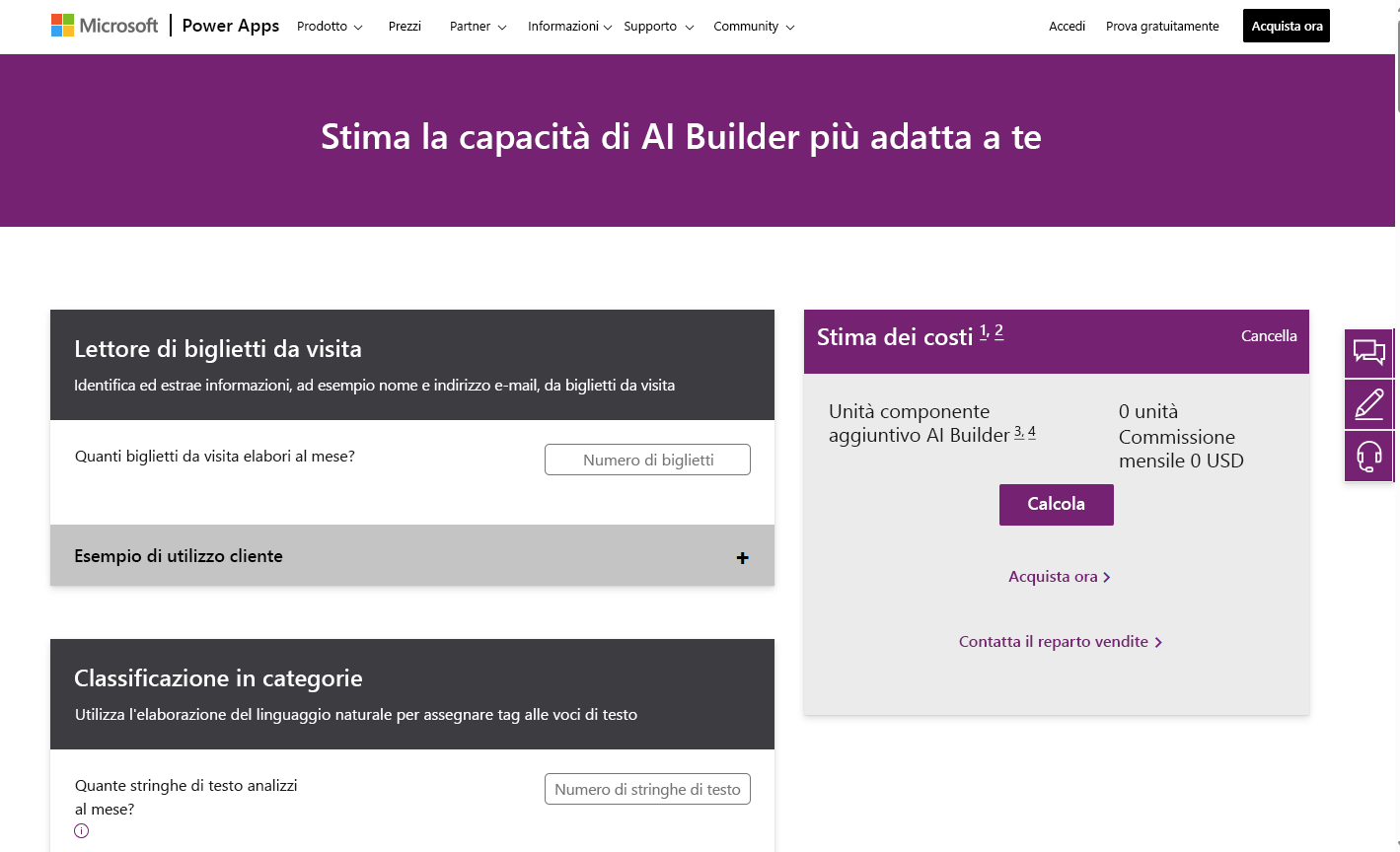 Screenshot della pagina della calcolatrice AI Builder di Power Apps in cui è presente un riquadro Stima dei costi che permette di calcolare il costo delle unità dei componenti aggiuntivi di AI Builder.