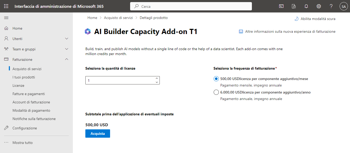 Screenshot del portale dell'interfaccia di amministrazione nella pagina del componente aggiuntivo AI Builder Capacity.