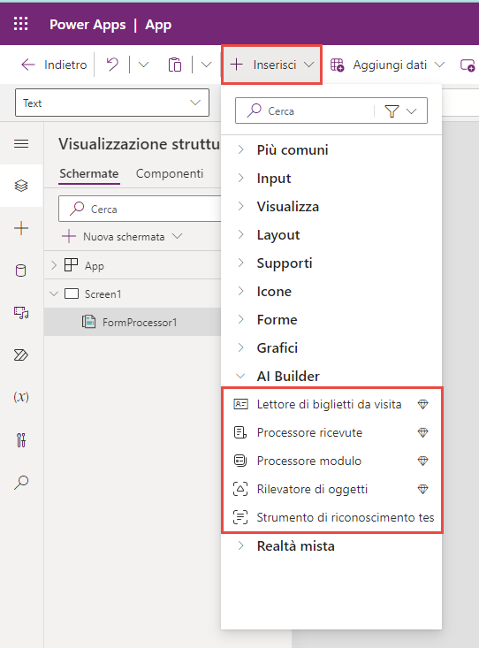 Screenshot del menu AI Builder espanso per mostrare le opzioni Lettore di biglietti da visita, Processore modulo, Rilevatore di oggetti e Strumento di riconoscimento testo.