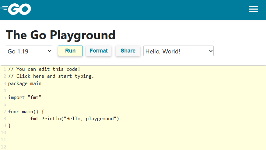 Screenshot di Go Playground.