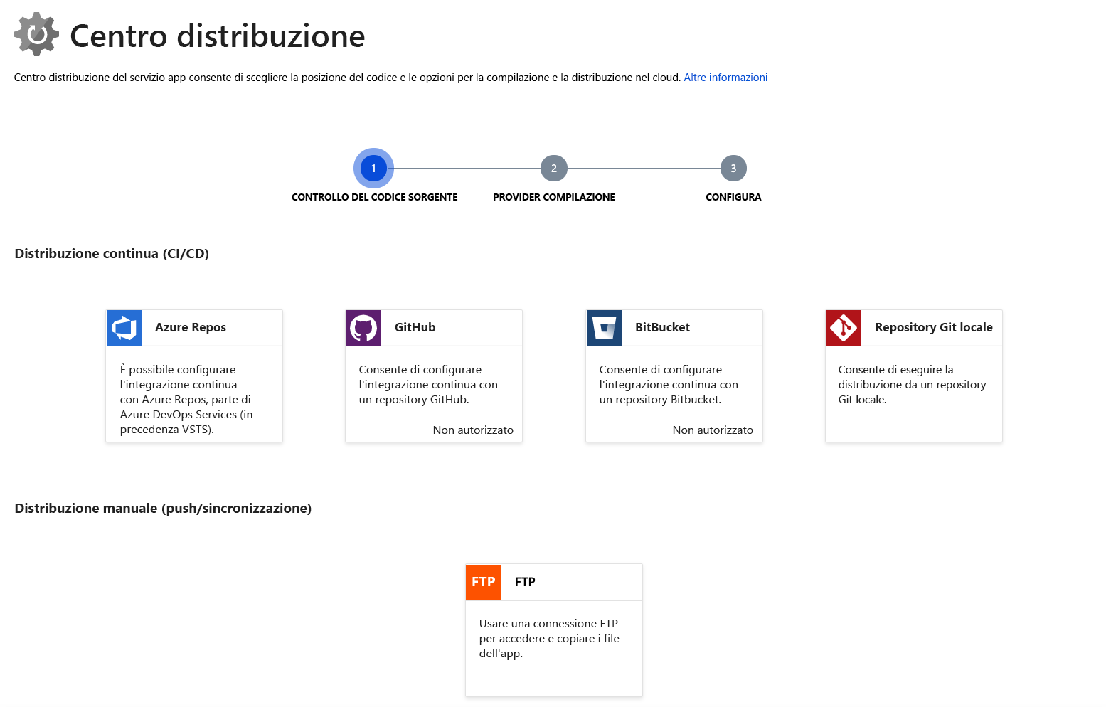 Screenshot della configurazione delle opzioni di distribuzione e della scelta dell'origine per il codice sorgente della distribuzione.